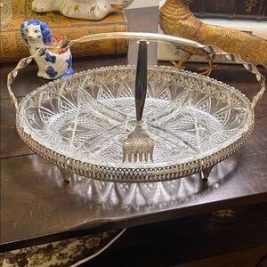 Vintage Queen Anne glass and Silver and Glass Serving Tray with fork England
